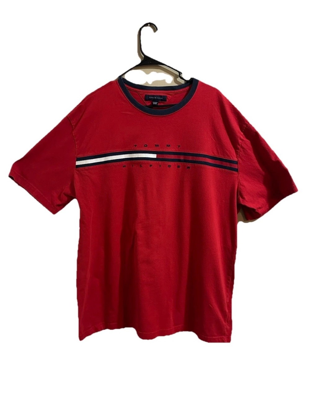 Tommy Hilfiger Logo Red Short Sleeve Crewneck Tee with Navy & White Stripe Y2K